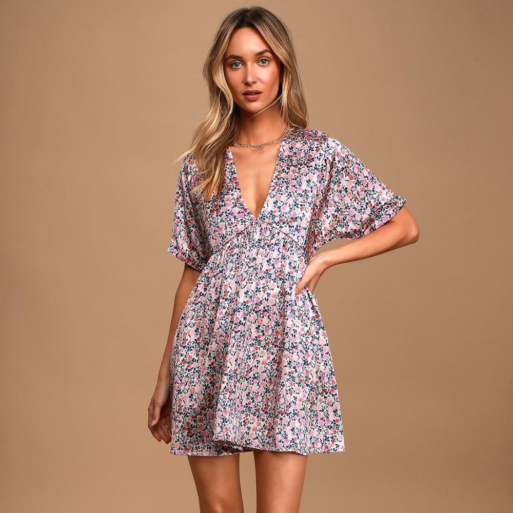 Lulu's Express Yourself Blush Pink Floral Print Satin Babydoll Dress, Sz XS